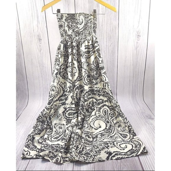 Strapless Summer Dress Ruffle Hem Shirred Detail Tube Dress Black/Beige Size S - Picture 3 of 11